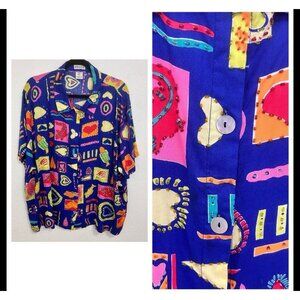 VTG 90s Paradiso Blue Colorful Quirky Hawaiian Shirt Artsy Beach Dopamine Sz 3X